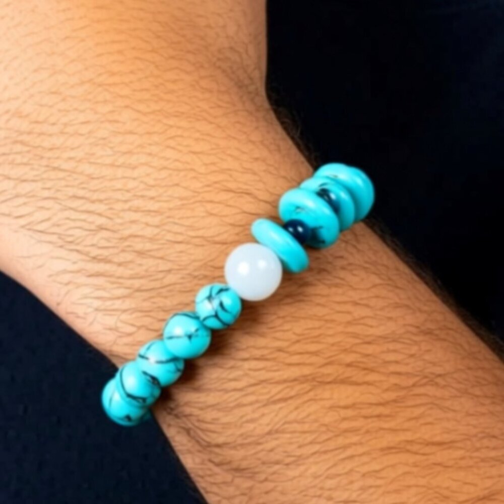 White Jade & Turquoise  Natural Stone Unisex Stretch Bracelet 8" NWT (MJW040)